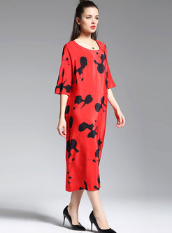 Casual Loose O-neck Print Silk Maxi Dress