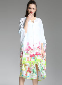 Loose 3/4 Sleeve Print Silk Shift Dress