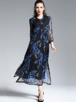 Oversize 3/4 Sleeve Print Silk Maxi Dress