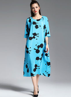 Casual Loose O-neck Print Silk Maxi Dress