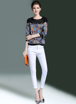 Casual Color-blocked Lace Patch T-shirt