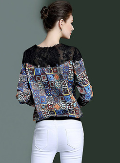 Casual Color-blocked Lace Patch T-shirt