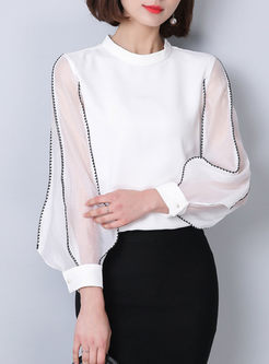 Brief Puff Sleeve Stand Collar Patchwork Blouse