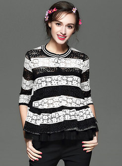 Cute Striped Lace A-Line Peplum T-Shirt