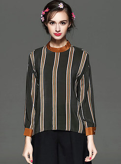 Brief Striped Long Sleeve Stand Collar Blouse