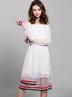 Brief Lace Patch Striped Hit Color Hollow Skater Dress