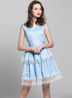 Cute Peplum Lace Patch Sleeveless Skater Dress