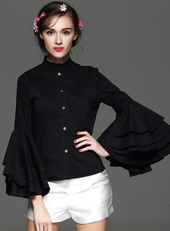 Sweet Flare Sleeve Cotton Stand Collar Blouse