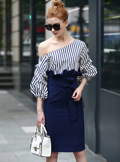 One Shoulder Stripe Patchwork Asymmetric Skirt Suit