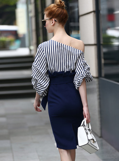 One Shoulder Stripe Patchwork Asymmetric Skirt Suit