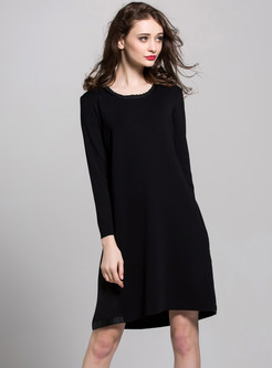 Brief O-Neck Long Sleeve Solid Color Shift Dress