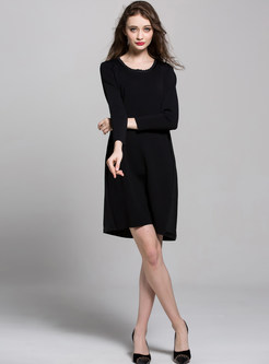 Brief O-Neck Long Sleeve Solid Color Shift Dress