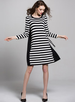 Casual Striped Patch Loose Shirt Dress