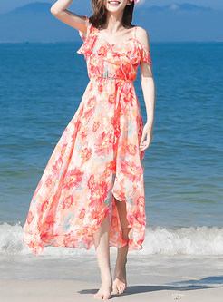 Cute V-Neck Floral Asymmetric High-Waist Maxi Dress