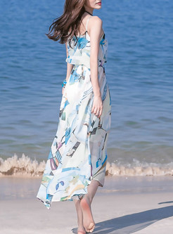 Cute Sleeveless Print A-Line Maxi Dress