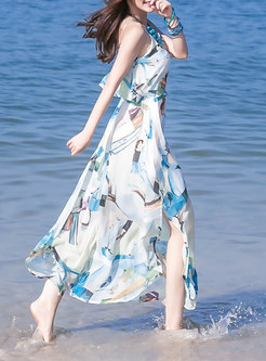 Cute Sleeveless Print A-Line Maxi Dress