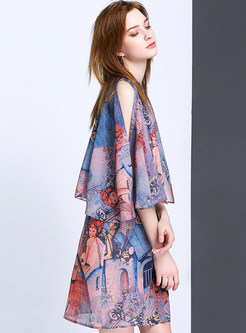 Vintage Print Fake Two Piece Stand Collar Shift Dress