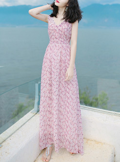 Cute Print V-Neck Sleeveless A-Line High-Waist Maxi Dress