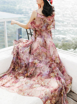 Sexy Sleeveless Print Pleated Stylish Maxi Dress