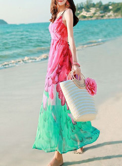 Cute V-Neck Hit Color Asymmetric High-Waist Maxi Dress