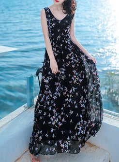 Sexy Print V-Neck Sleeveless Print Elegant Maxi Dress