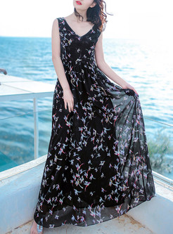 Sexy Print V-Neck Sleeveless Print Elegant Maxi Dress