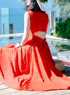 Cute Sleeveless Pleated Patch Slim Maxi Dress