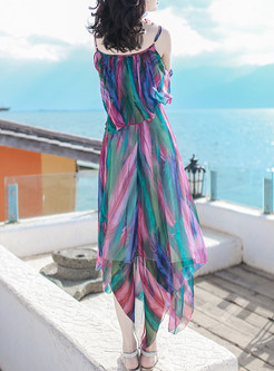 Brief Off Shoulder Hit Color Asymmetric Maxi Dress