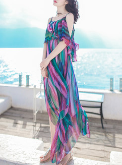 Brief Off Shoulder Hit Color Asymmetric Maxi Dress