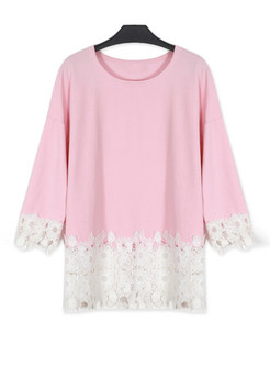 Cute Lace Patch Loose O-Neck Three Quarters Sleeve T-Shirt