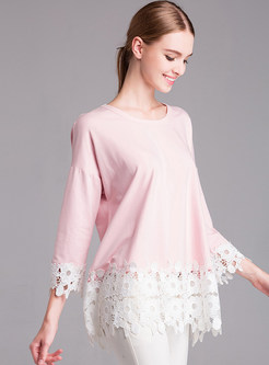 Cute Lace Patch Loose O-Neck Three Quarters Sleeve T-Shirt