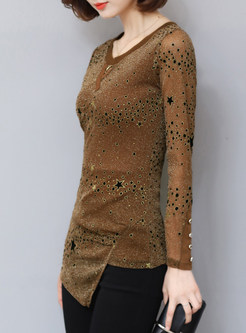 Casual Sequined O-Neck Hollow Asymmetric T-Shirt
