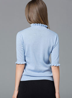 Sweet Half Sleeve Stand Collar Knit T-shirt