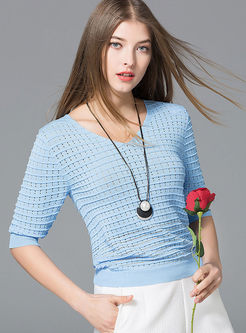 Casual V-neck Hollow Out Knit T-shirt