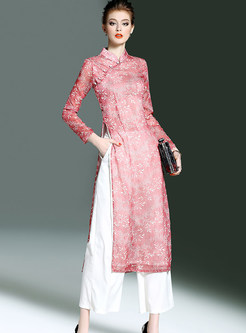 Ethnic Stand Collar Dress & Brief Pure Color Pants