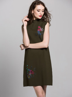 Brief Embroidery Stand Collar Sleeveless Skater Dress