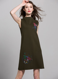 Brief Embroidery Stand Collar Sleeveless Skater Dress