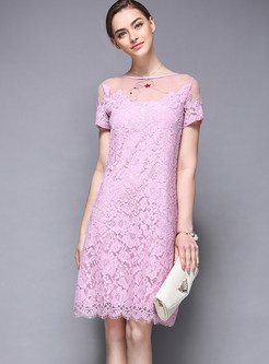 Cute Lace Patch Hollow Short Sleeve Shift Dress