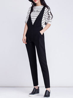 Casual Black Slim Ankle-length Overalls