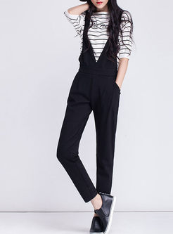 Casual Black Slim Ankle-length Overalls