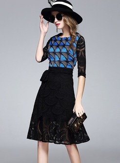 Casual Lace Patch Print Half Sleeve Hollow Skater Dress