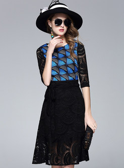 Casual Lace Patch Print Half Sleeve Hollow Skater Dress