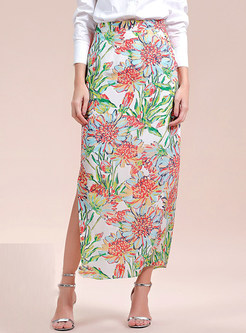 Bohemian Print Split Silk High-Waist Skirt