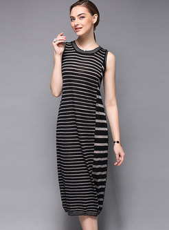 Casual Striped Patch O-Neck Loose Shirt Dress