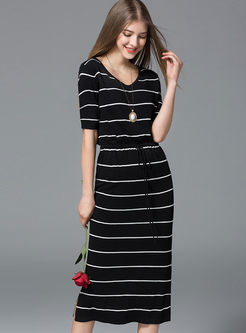 Casual Stripe Nipped Waist Knitted Dress