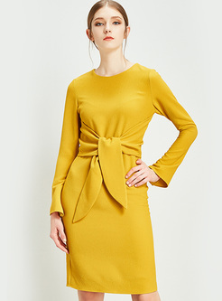 Yellow Belted High Waist Bodycon Dress