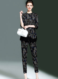 Stylish Slim Lace Patchwork Print Two-piece Outfits