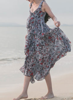 Stylish High Waist V-neck Floral Print Maxi Dress