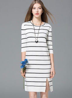 Casual Stripe Hit Color Slit Knitted Dress