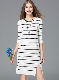 Casual Stripe Hit Color Slit Knitted Dress